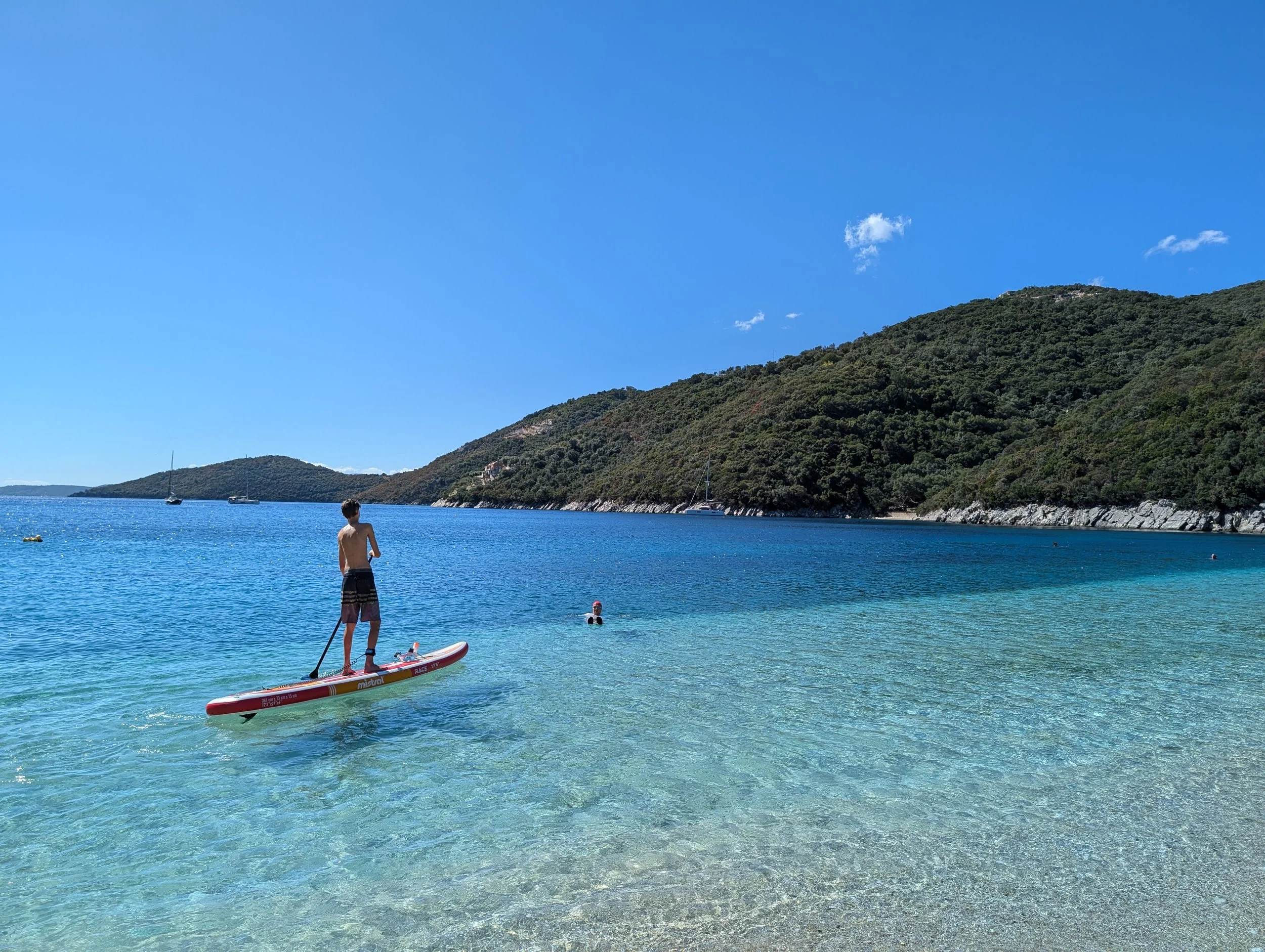A person paddleboarding in calm blue water near a rocky shoreline with fallen trees, green hills, and a blue sky with a few clouds.