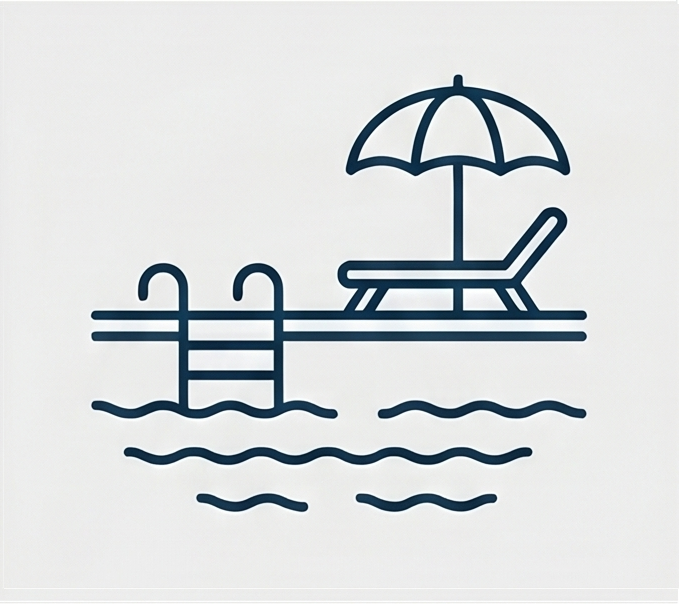 Simplified line drawing of a swimming pool with a ladder, a lounge chair, and an umbrella.