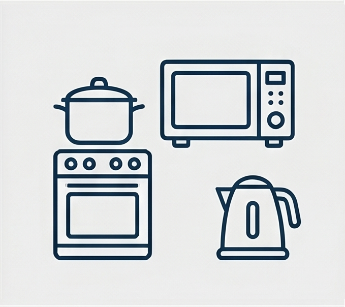 Line drawing of kitchen appliances including a stove with a pot on top, a microwave, and an electric kettle.