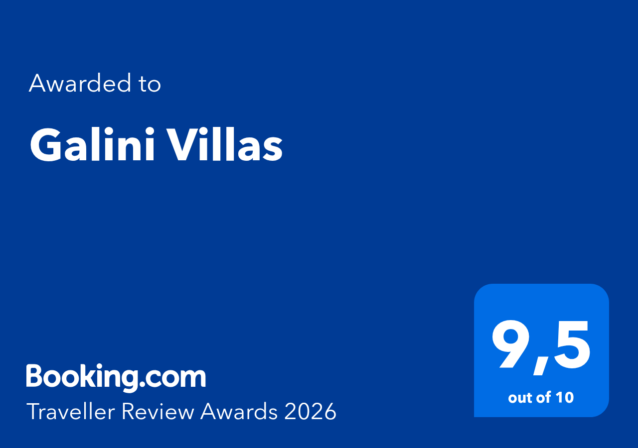 Blue award plaque with white text, awarded to Galini Villas by Booking.com for Traveller Review Awards 2026, with a rating of 9.5 out of 10.