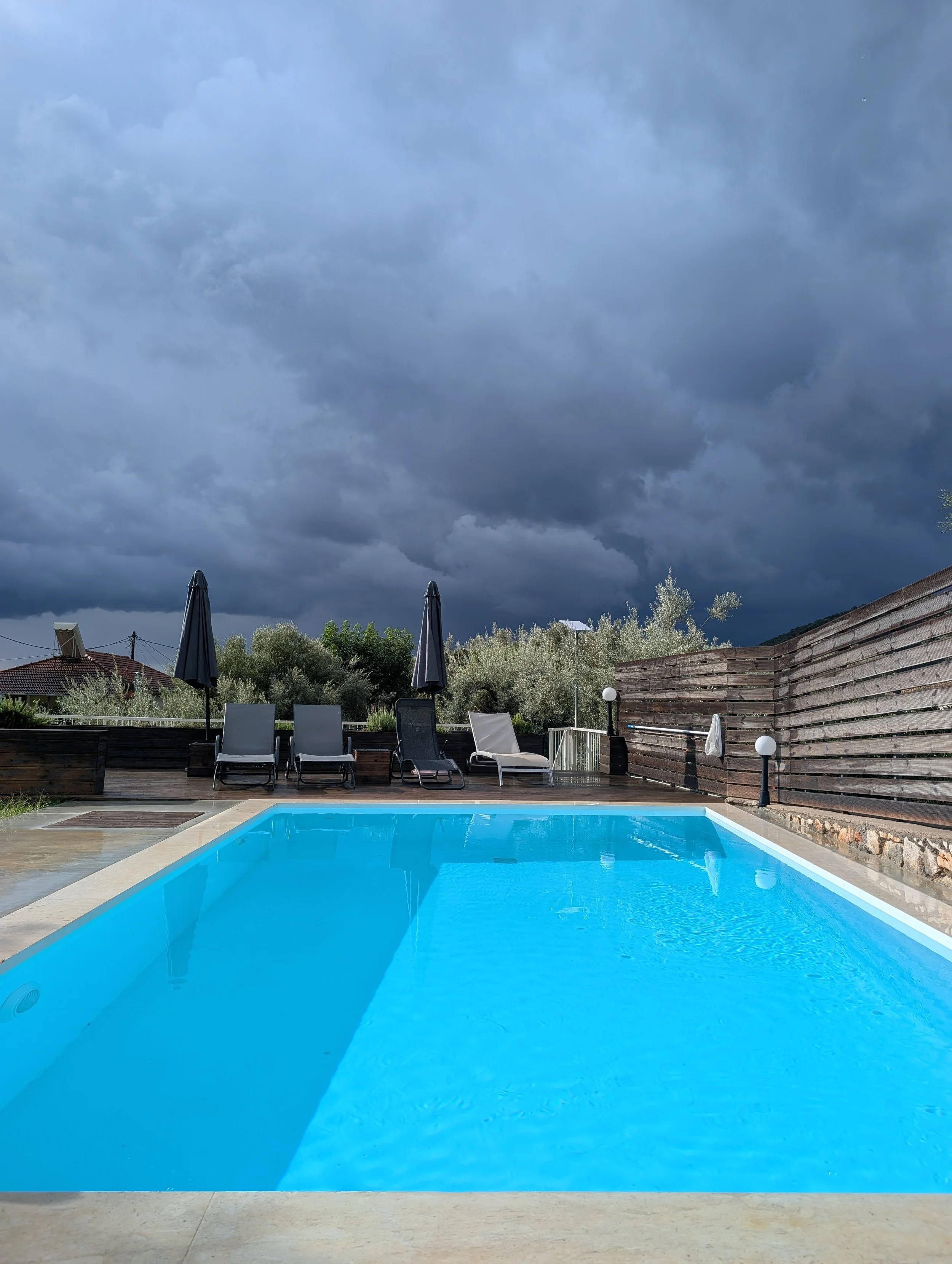 An outdoor swimming pool with clear blue water, surrounded by lounge chairs and umbrellas, with trees and a cloudy sky in the background.