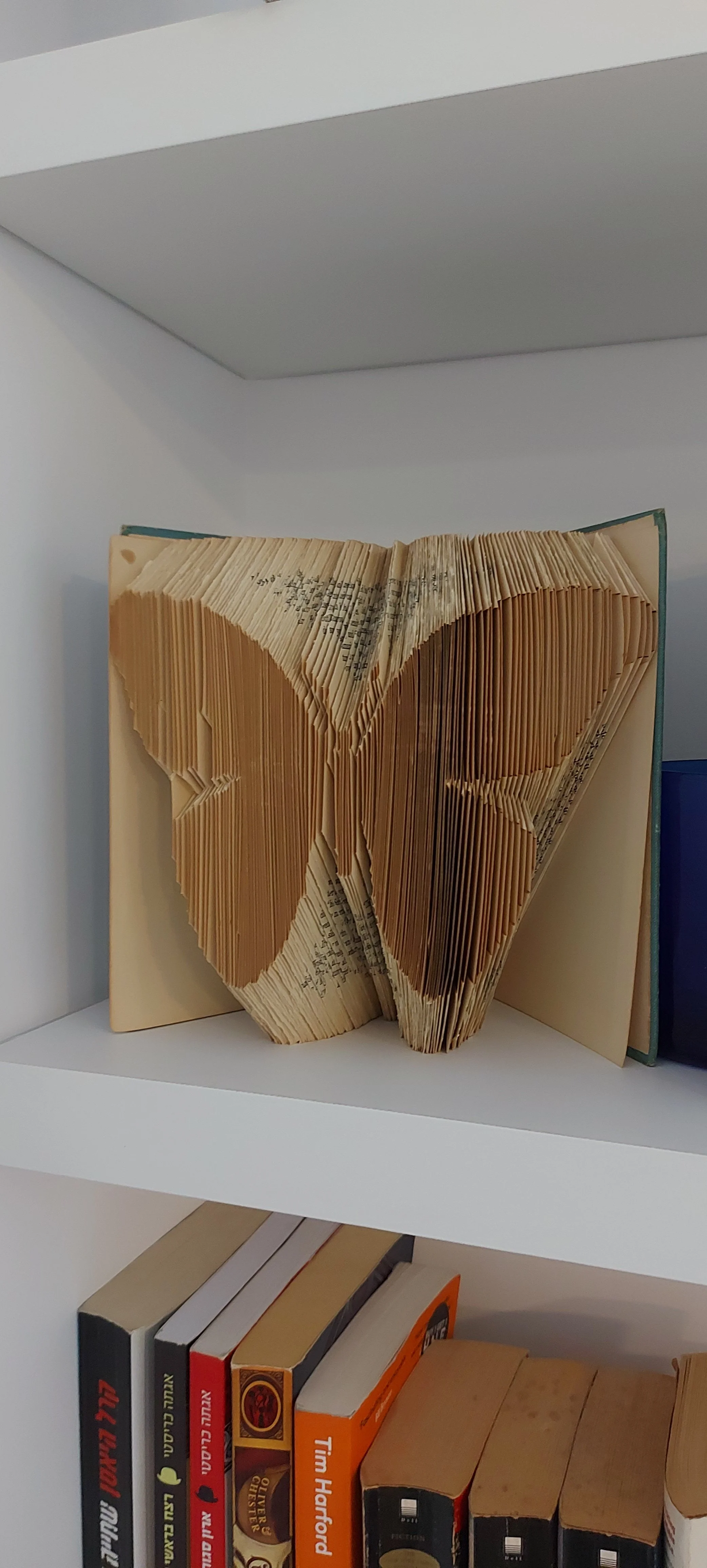 Open book with pages folded to create heart shapes, displayed on a white shelf.