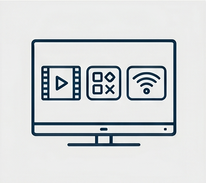 Line drawing of a computer monitor with video, game, and Wi-Fi icons