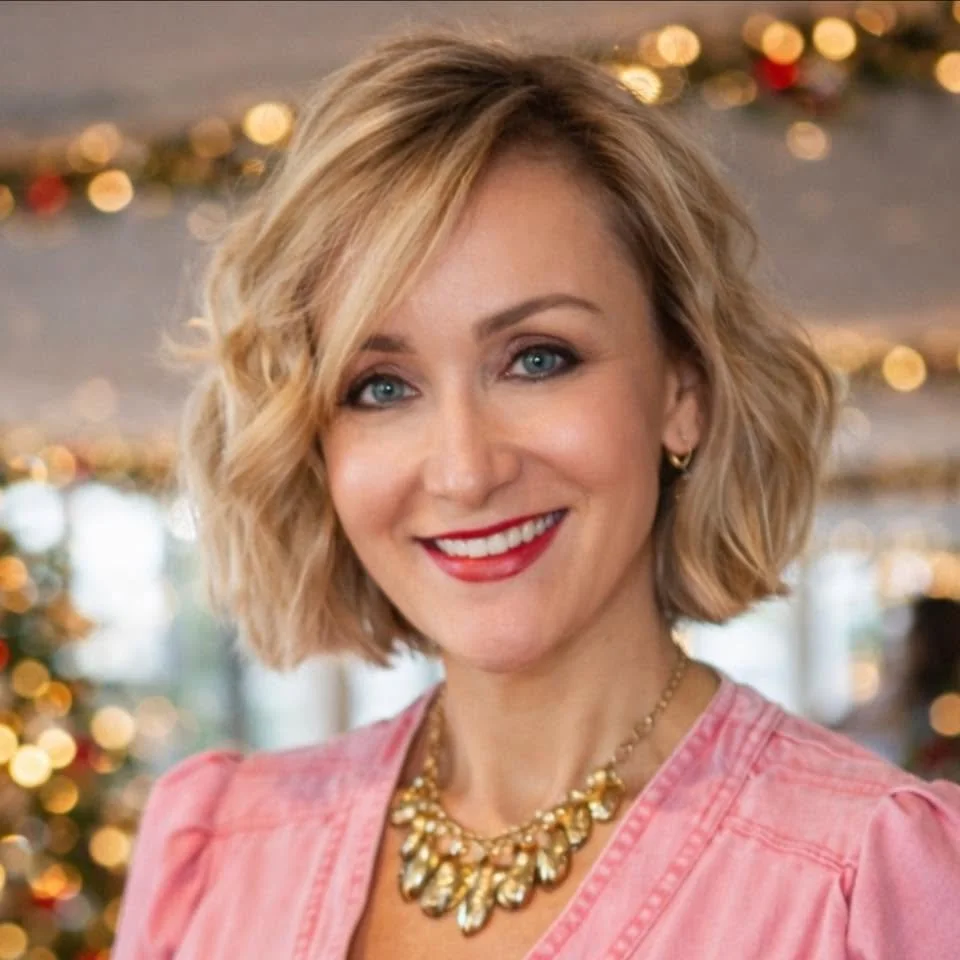 A smiling woman with wavy blonde hair, wearing red lipstick, a pink top, and a statement gold necklace, standing in a festive decorated indoor space.