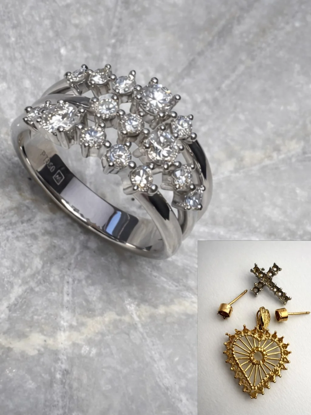 platinum ring with multiple small diamonds arranged in a floral pattern, and a set of gold earrings and a gold pendant with a heart-shaped design and intricate pattern. uniquely designed for client Unley design studio