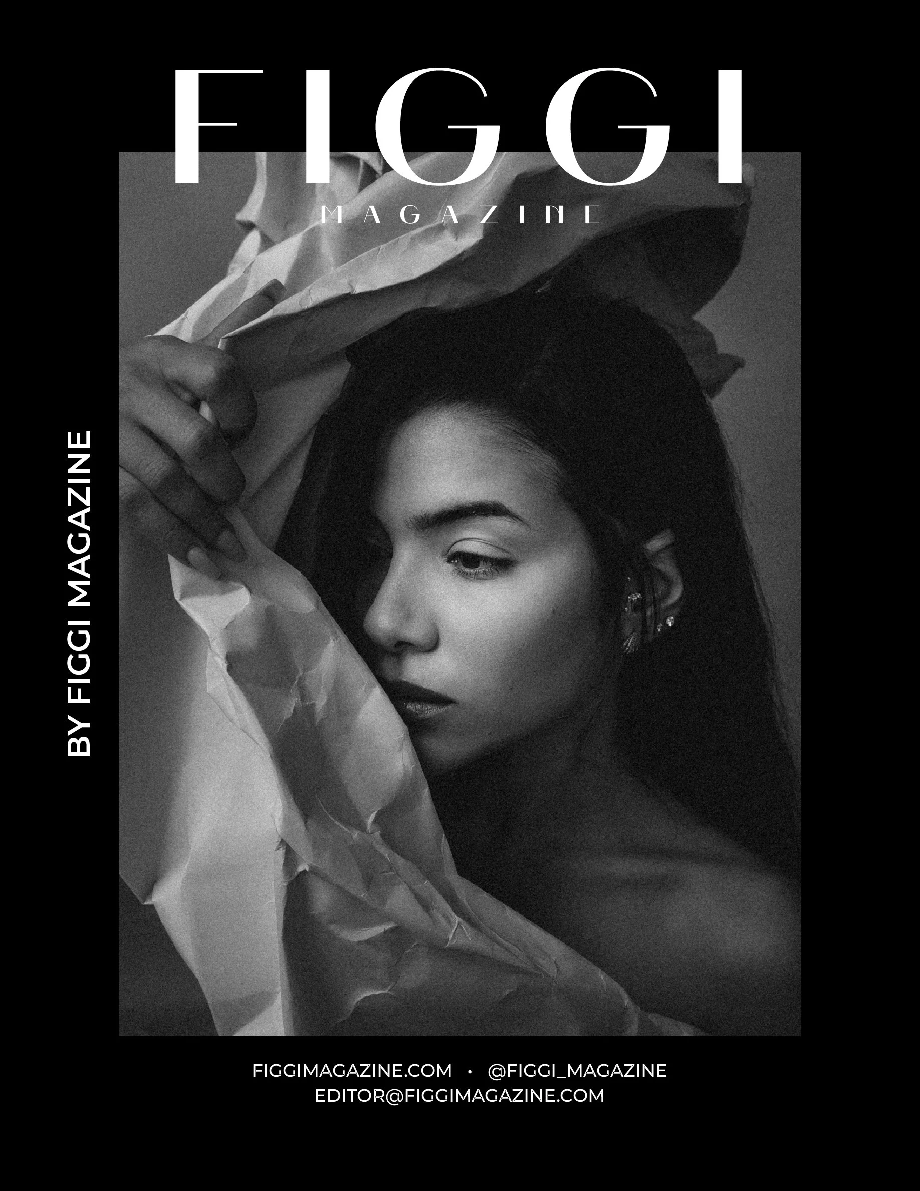 Black and white portrait of a woman holding a large bouquet of flowers to her forehead, with a contemplative expression.