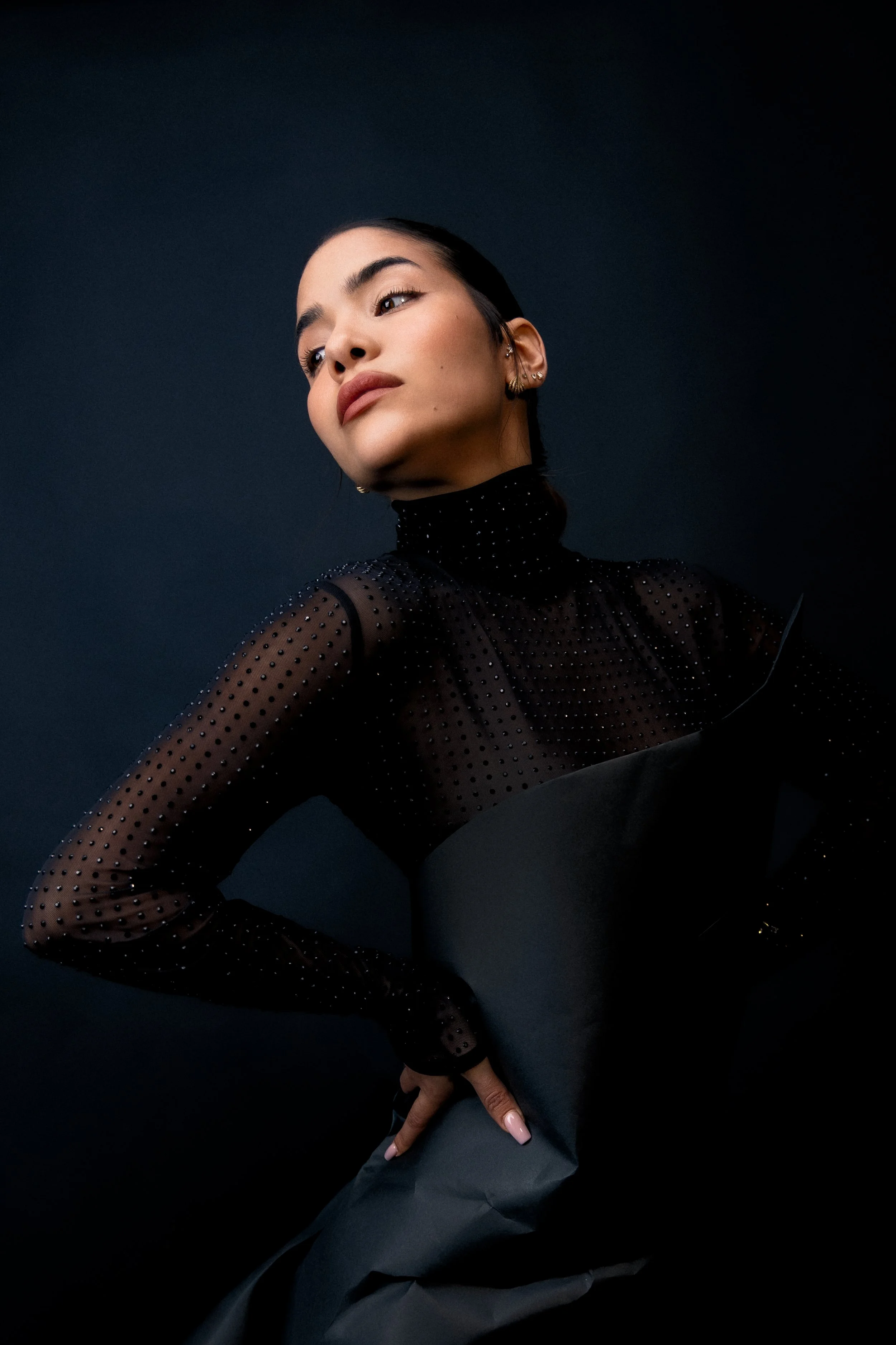 Woman with dark hair styled back, wearing a black high-necked, long-sleeved, sheer top with small sparkling embellishments, posing against a dark background with angled posture and a calm, confident expression.