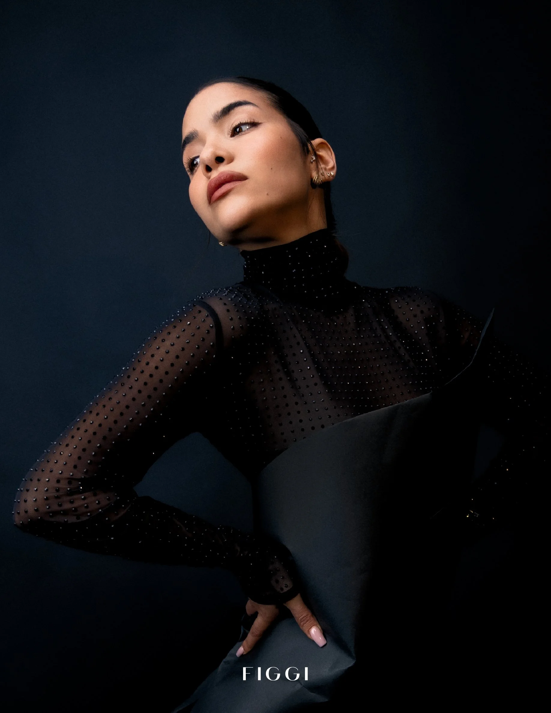 A woman with dark hair and makeup wearing a black sheer dress with small rhinestones, posing against a dark background.