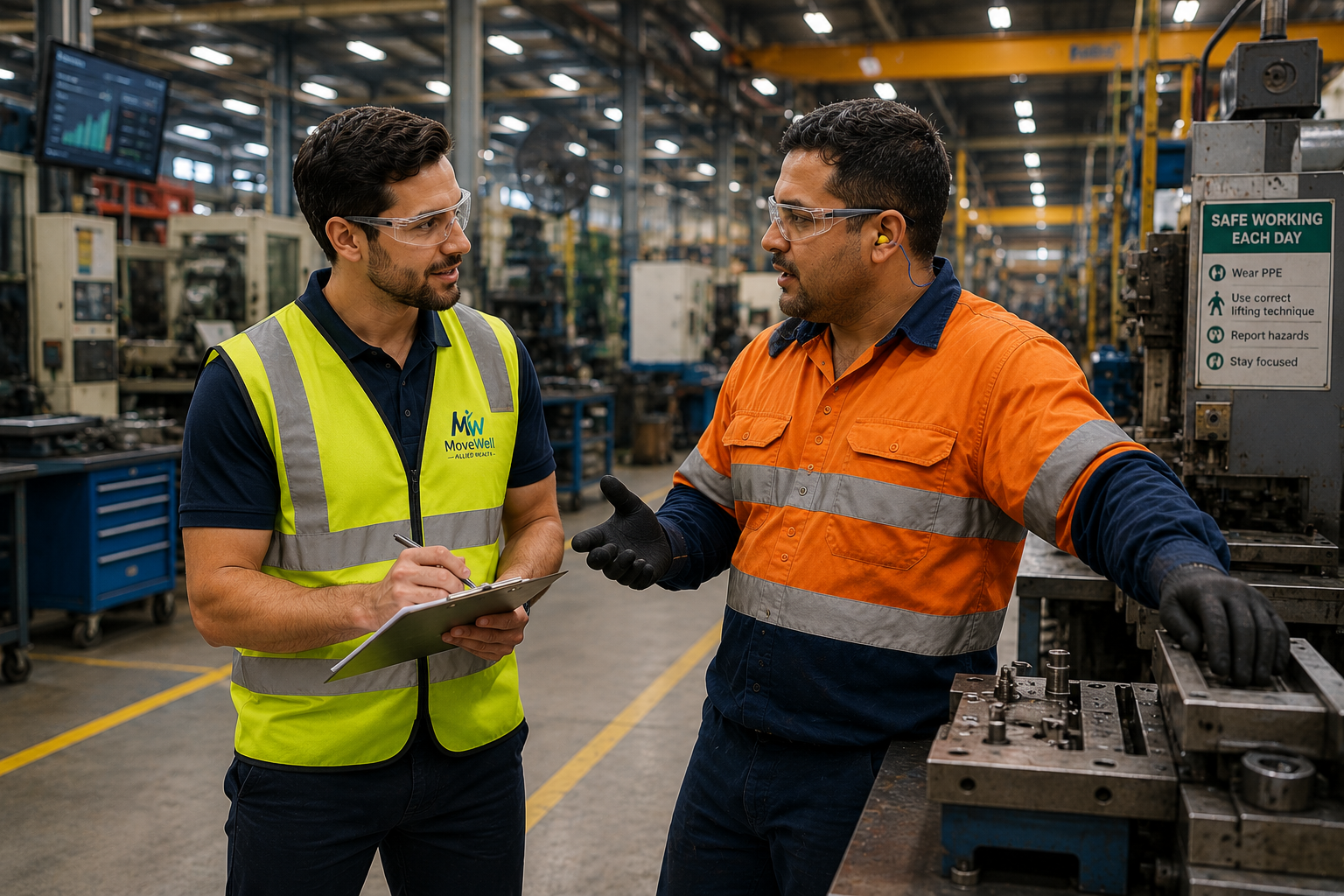 Two factory workers, one wearing a yellow safety vest and the other an orange safety shirt, are engaged in a conversation inside a manufacturing plant filled with machinery and equipment.
