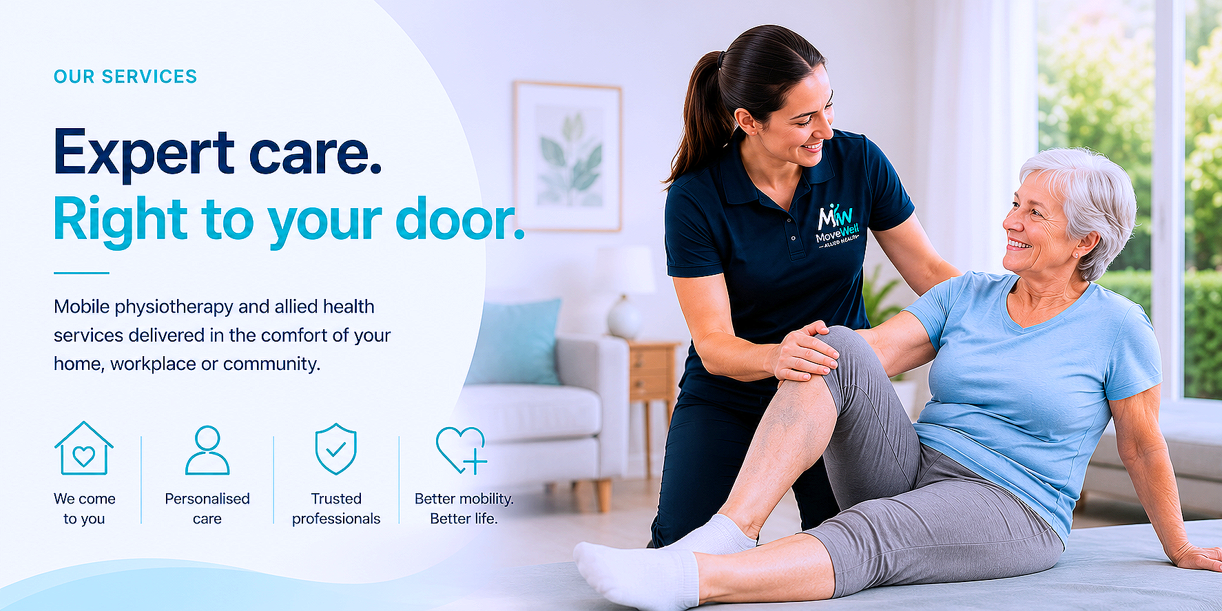 A female healthcare professional assisting an elderly woman with physiotherapy exercises at home, sitting on a bed, in a bright room with large windows and greenery outside.