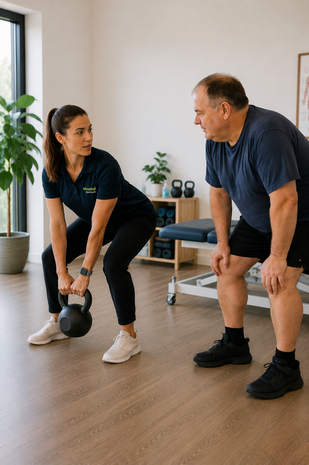 A female fitness instructor helps a male client with a kettlebell exercise in a gym, both in athletic attire.