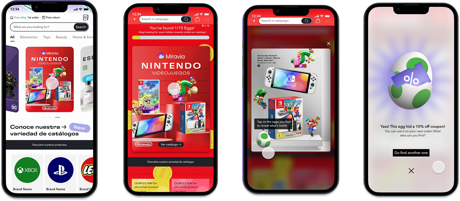 Cuatro pantallas de teléfonos móviles que muestran diferentes etapas de una campaña promocional de Nintendo en línea, relacionada con la búsqueda, descubrimiento, interacción y obtención de un cupón de descuento para productos de Nintendo.