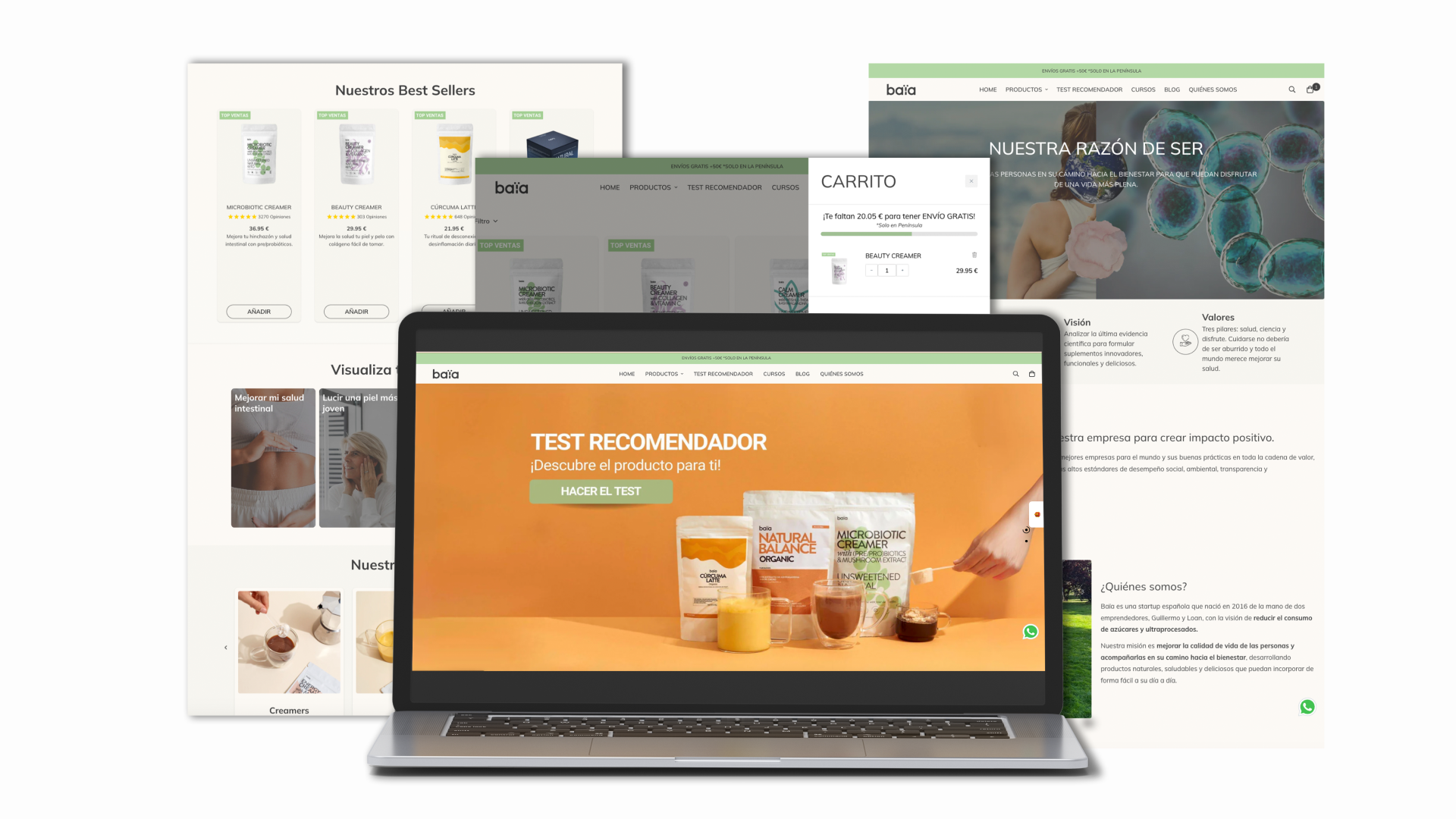 Colección de pantallas de una página web de salud y belleza, mostrando productos, un carrito de compras y una sección de test. Fondo con fotos de productos y textos en español.