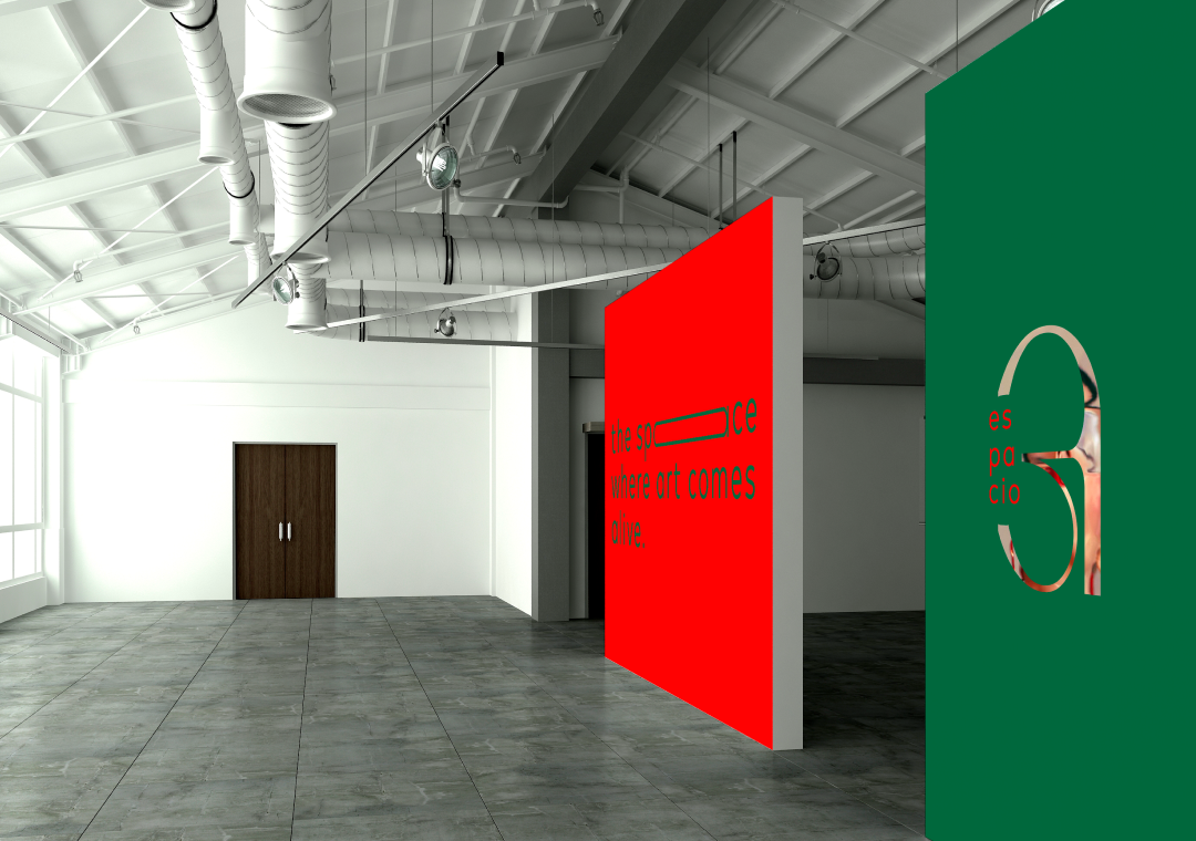 Espacio interior de galería de arte con paredes blancas, suelo de baldosas grises, techos altos con tuberías y luces expuestas. Dos paneles decorativos, uno rojo con texto en inglés y otro verde con un diseño de número tres.