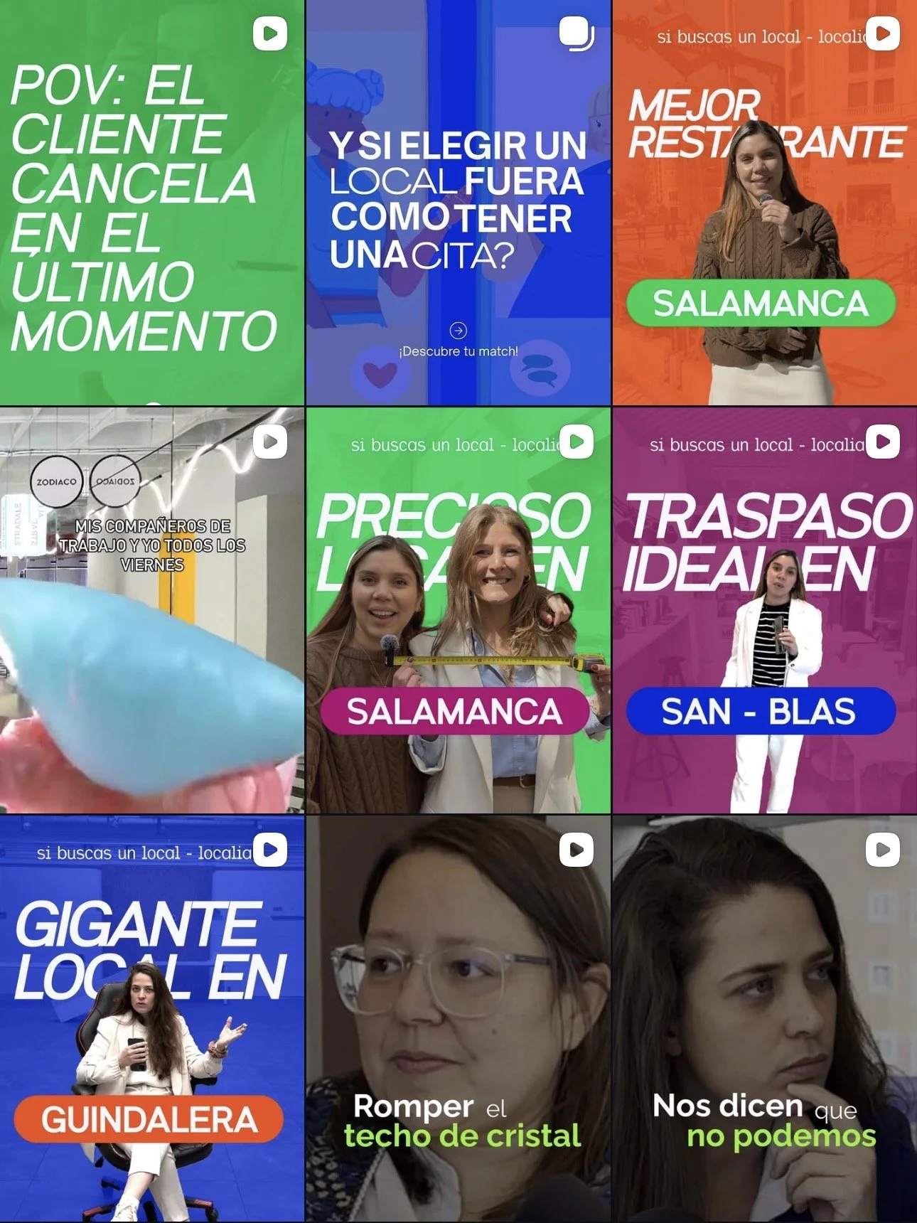 Collage de varios videos y fotos en diferentes colores con mujeres, texto en español sobre recomendaciones y opiniones, incluyendo palabras como 'cliente', 'local', 'restaurante', y nombres de ciudades como Salamanca y San Blas