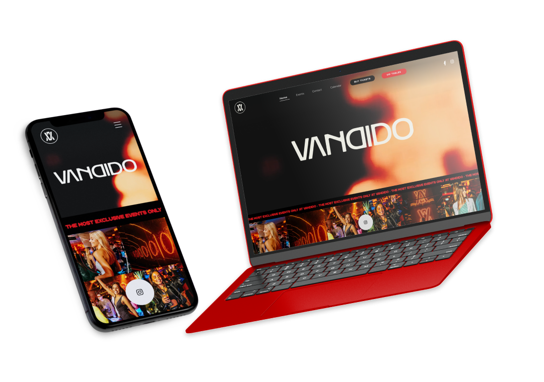 Dispositivo móvil y portátil con pantallas mostrando una página web con el texto 'VANDIDO' y fotos de un evento o fiesta, en fondo oscuro y con detalles en rojo.