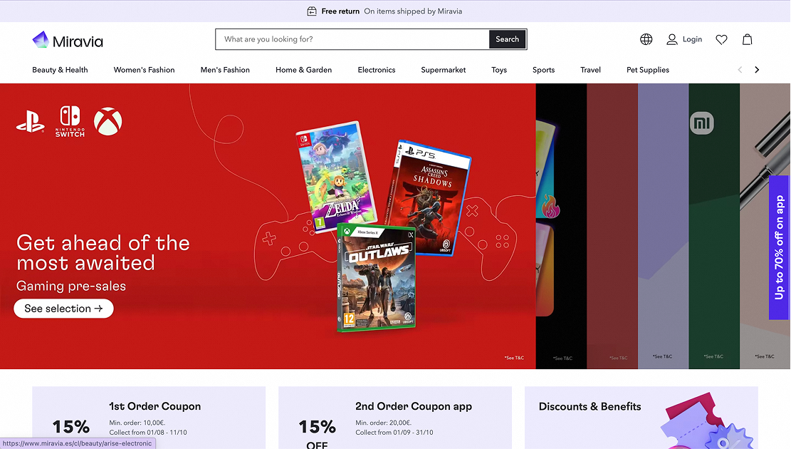 Página web de Miravia con secciones de videojuegos, con imágenes de juegos como Zelda, Assassin's Creed, y Star Wars, en un fondo rojo.