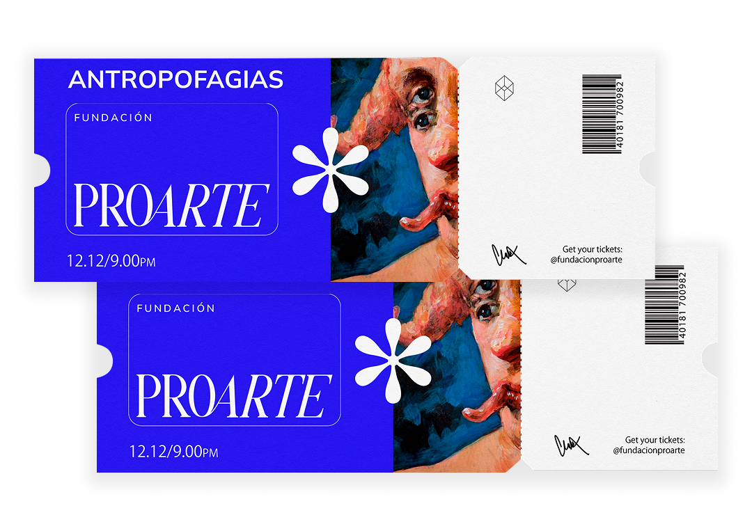 Dos boletos para un evento titulado 'ANTROPOFAGIAS' con la fundación PROARTE, que se realizará el 12 de diciembre a las 9:00 p.m., con un diseño colorido que incluye un retrato estilo pintura de una persona con barba y bigote.