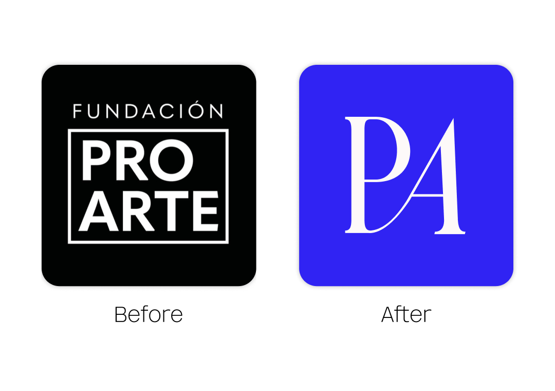 Comparación de dos logotipos, el anterior es un fondo negro con texto en blanco y el posterior es un fondo azul con letras blancas, mostrando un cambio de estilo. La palabra 'Before' debajo del primer logo y 'After' bajo el segundo logo.