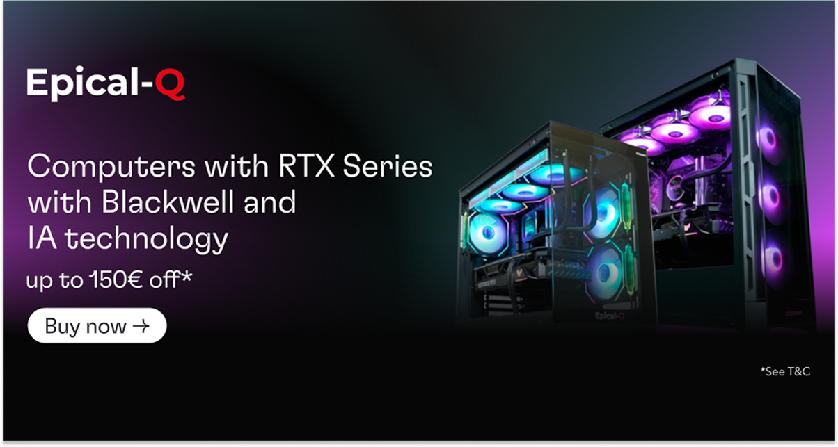 Anuncio de computadores con tecnología RTX, Blackwell y IA, mostrando dos torres de computadora con iluminación RGB en tonos azul, verde y morado, con texto promocional en español.