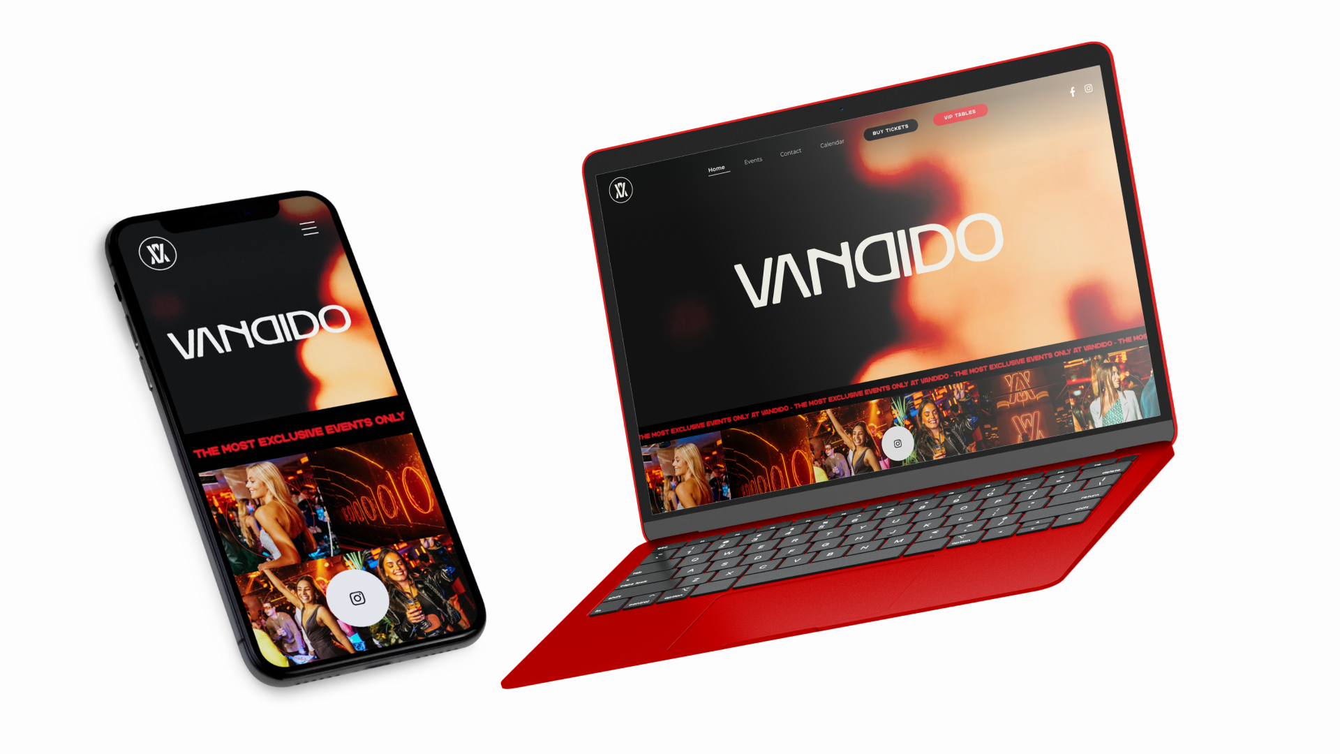 Pantalla de un sitio web llamada Vanido en un teléfono móvil y una computadora portátil con diseño de neón y gente en un evento.