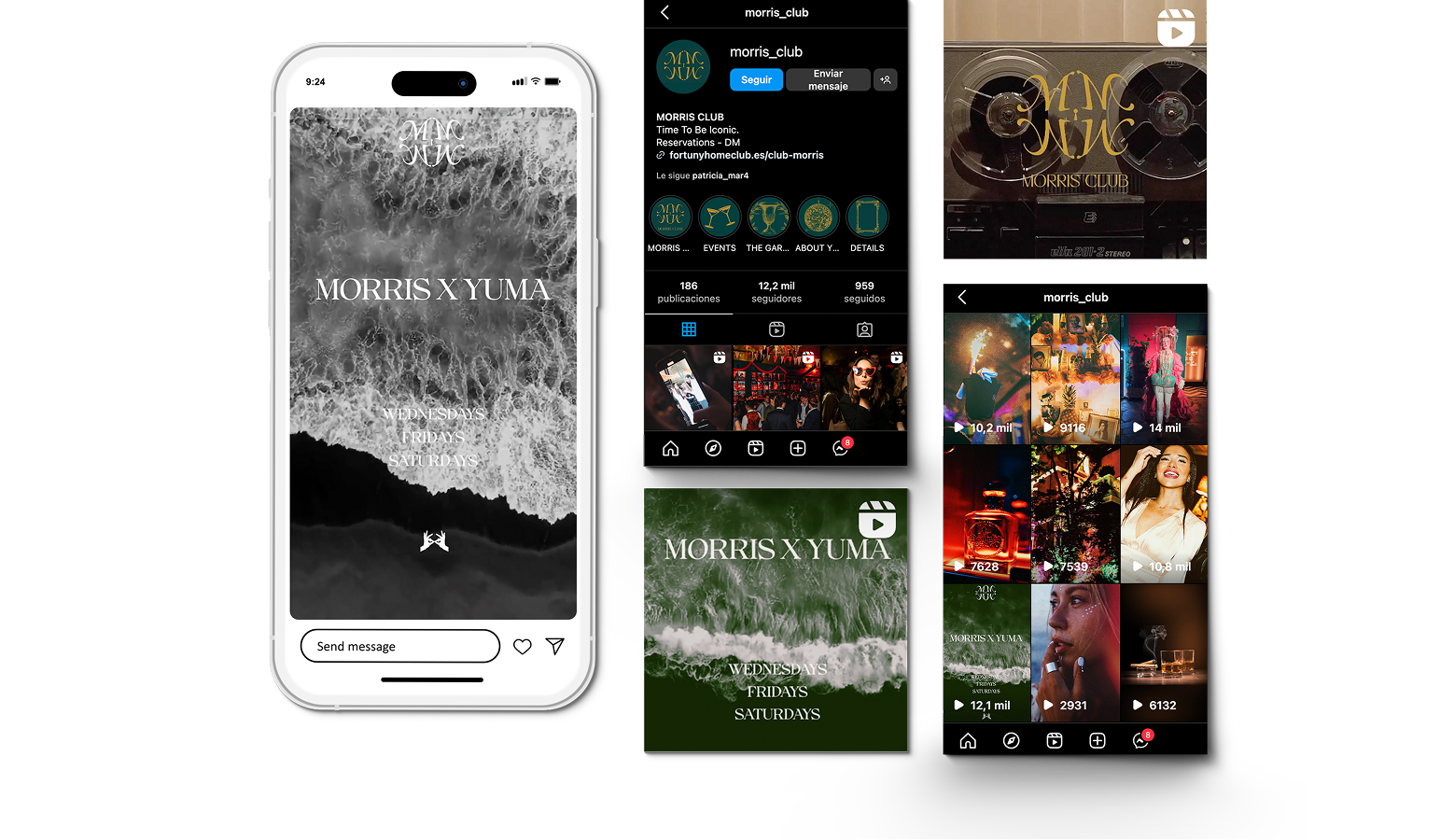 Imágenes de una página de Instagram y una pantalla de teléfono con un cartel para una fiesta llamada 'MORRIS X YUMA' con fondo de olas en diferentes colores y días de la semana.