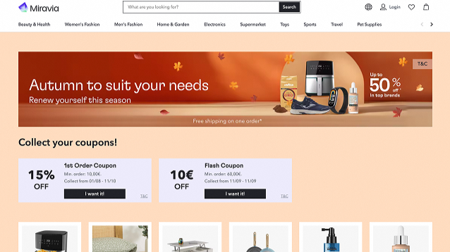 Página web de Miravia que promociona productos para el otoño, con descuentos y cupones, mostrando un banner con accesorios electrónicos y productos de salud y belleza.