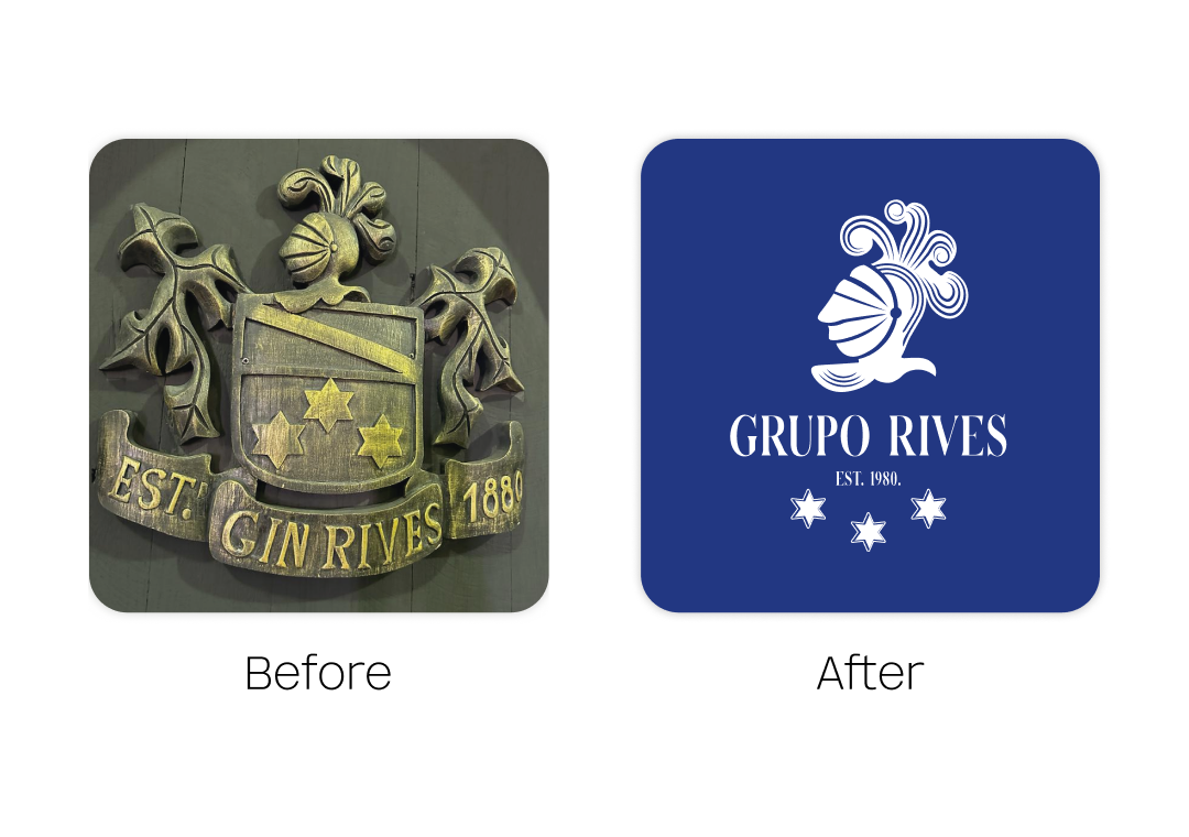 Logotipo de Grupo Rives antes y después de una mejora de diseño, mostrando un escudo con hojas de laurel y estrellas, y luego un logotipo moderno con un pez y estrellas.