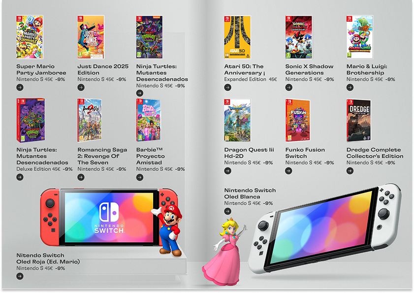 Imagen de una pantalla con una variedad de juegos de Nintendo Switch y una consola Nintendo Switch OLED en color rojo y blanca. Los juegos incluyen Super Mario Party Jamboree, Just Dance 2025, Ninja Turtles Mutantes Desencadenados, Atari 50, Sonic X Shadow Generations, Mario y Luigi: Hermandad, Ninja Turtles Mutantes Desencadenados Deluxe, Romancing Saga 2, Barbie Proyecto Amistad, Dragon Quest III Hd-2D, Funko Fusion Switch, Dredge Edition, y Nintendo Switch OLED Blanca.