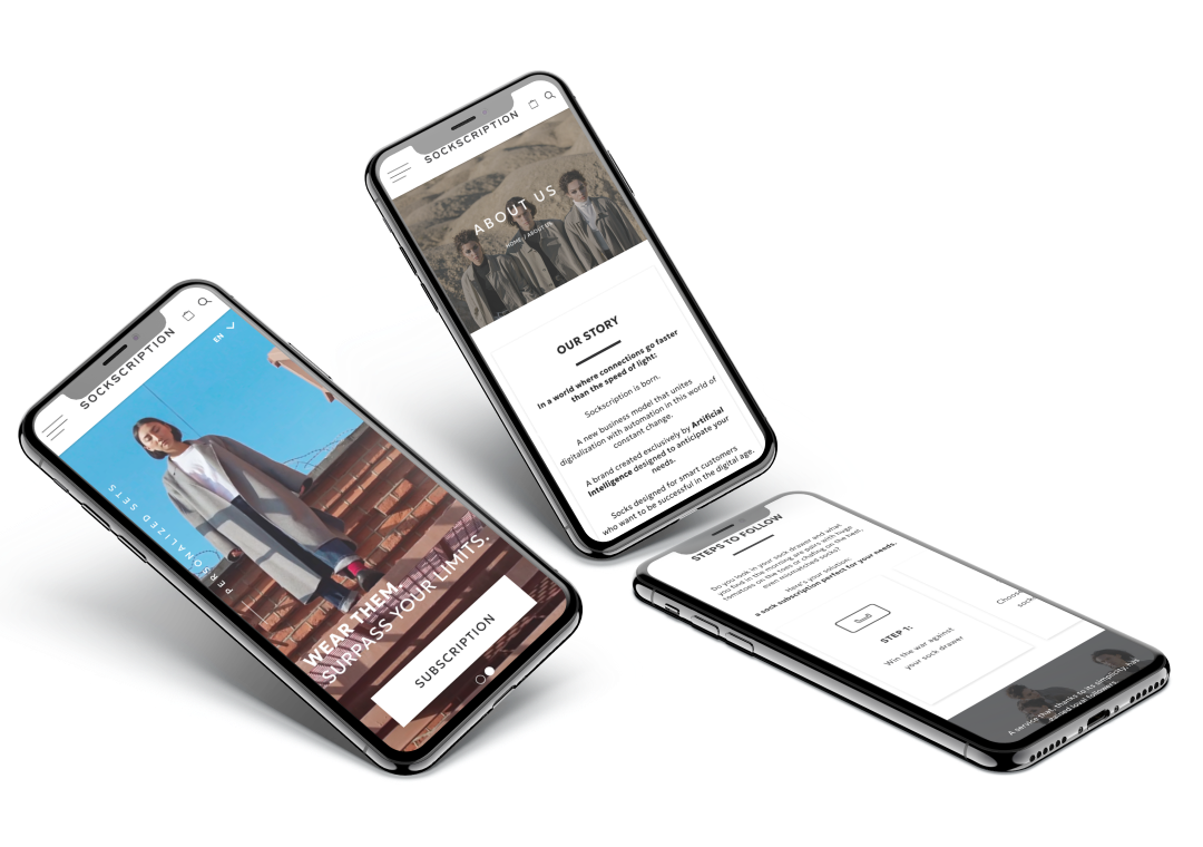 Tres teléfonos inteligentes en un fondo gris, mostrando diferentes páginas de un sitio web de moda y tecnología.