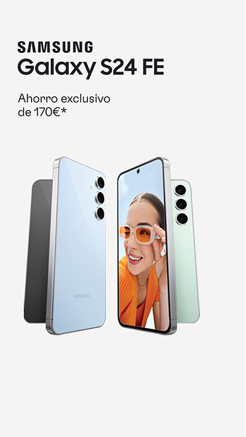 Publicidad del Samsung Galaxy S24FE en colores variados, mostrando diferentes ángulos del teléfono y una mujer sonriendo con la pantalla encendida.