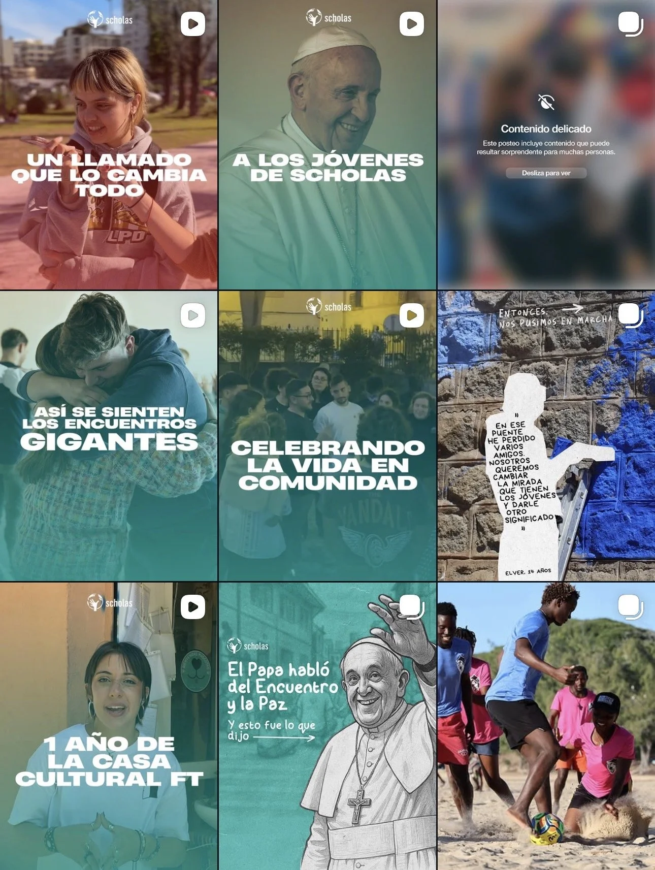 Collage de varias imágenes que incluyen a jóvenes y adultos en actividades sociales, una pintura de un Papa, y un grupo jugando al fútbol en la playa. Texto en las imágenes menciona temas de encuentros, comunidad, cultura, paz, y jóvenes.