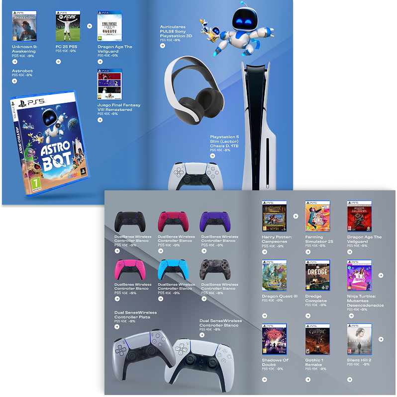Imagen que muestra una variedad de videojuegos y accesorios para PlayStation 5, incluidos un robot y un robotcito, en fondos azul y gris.