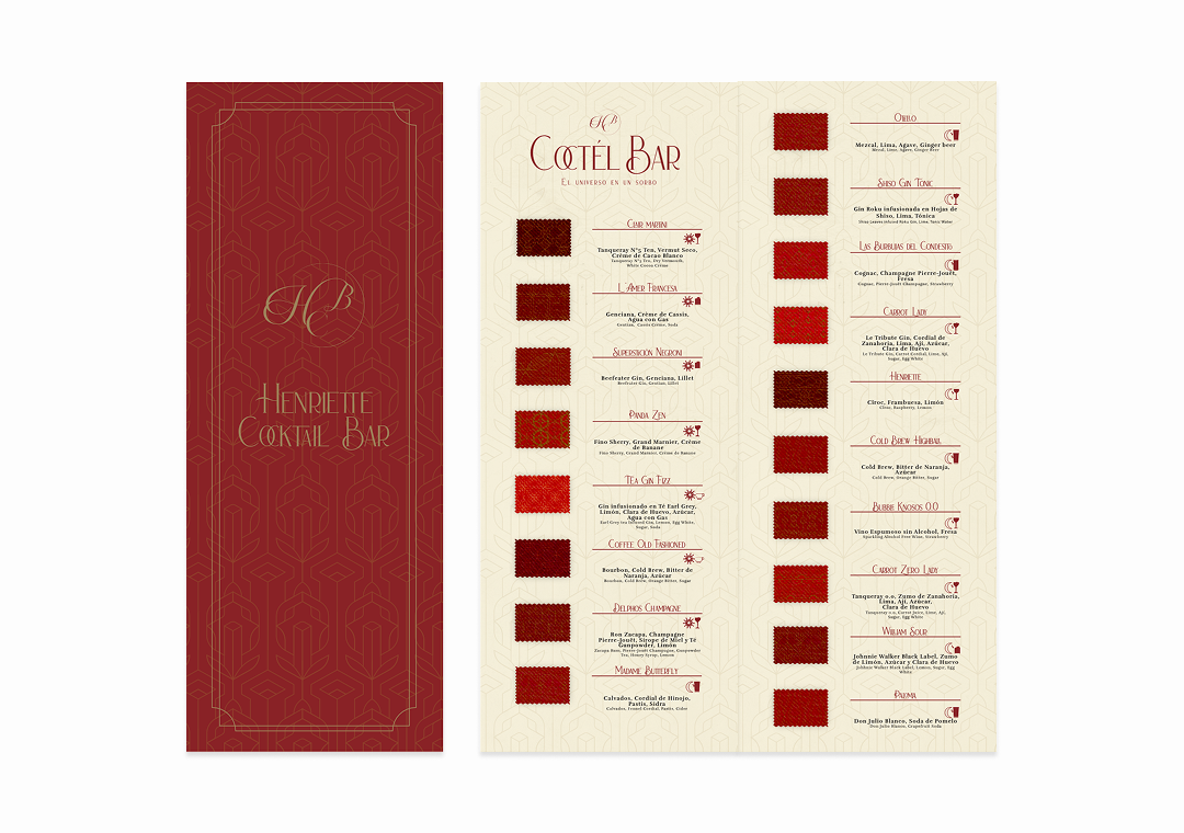 Menú del bar de cócteles Henriette con varias opciones y ingredientes en letras en color rojo y negro sobre fondo beige.