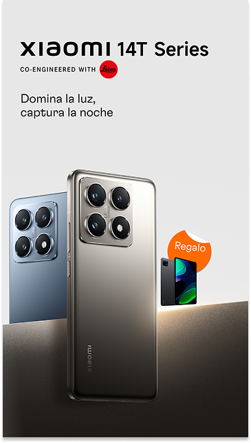 Publicidad del teléfono Xiaomi 14T Series, con cámaras múltiples y un teléfono inteligente con la etiqueta de regalo.
