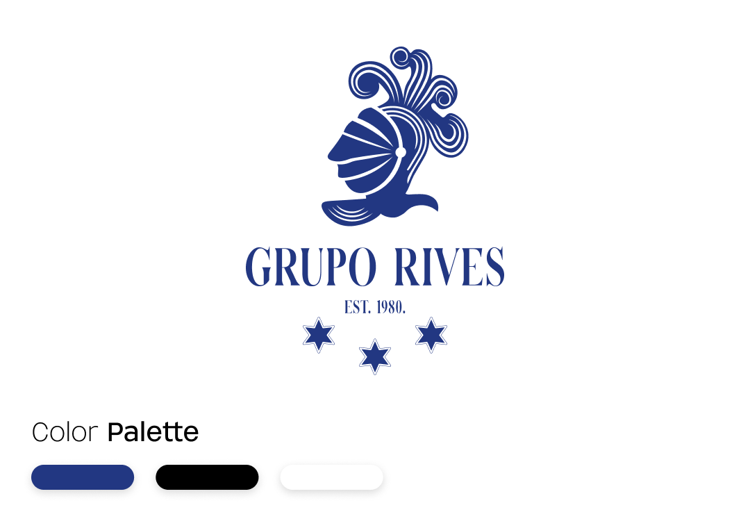 Logotipo de Grupo Rives con una figura en azul que combina un retrato con un diseño inspirado en la naturaleza, y contiene las palabras "Grupo Rives" y "Est. 1980", acompañado por tres estrellas debajo.