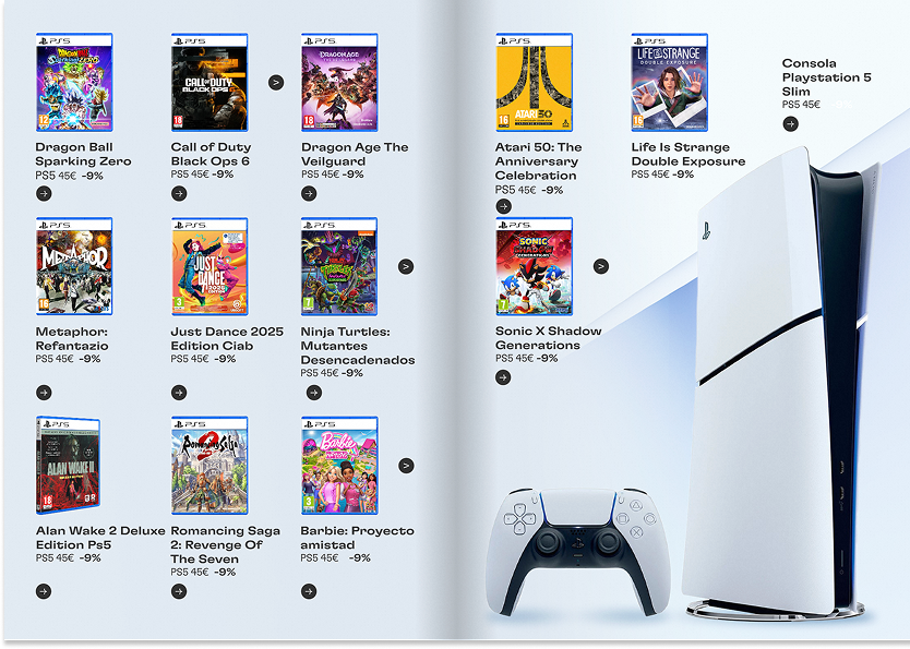 Imagen de una campaña publicitaria de una consola PlayStation 5 Slim con varios juegos y un control.</br>Juegos visibles incluyen: Dragon Ball Sparkling Zero, Call of Duty Black Ops 6, Dragon Age The Veilguard, Atari 50 The Anniversary Celebration, Life is Strange Double Exposure, Metaphor Refantazio, Just Dance 2025 Edition CIAB, Ninja Turtles Mutantes Desencadenados, Sonic X Shadow Generations, Alan Wake 2 Deluxe Edition, Romancing Saga 2 Revenge of the Seven, y Barbie Proyecto amistad. La consola y el control están a la derecha.