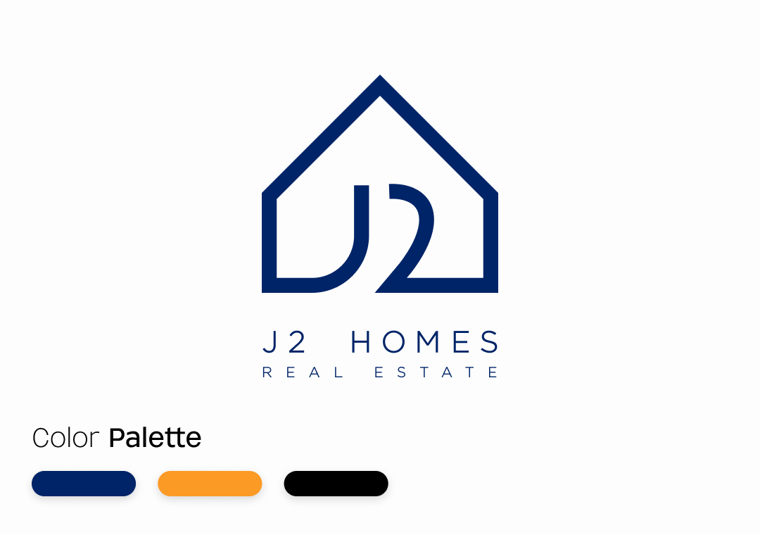 Logotipo de J2 Homes, bienes raíces, con casa y letras J y 2 en color azul marino, fondo blanco, paleta de colores con azul marino, naranja y negro.