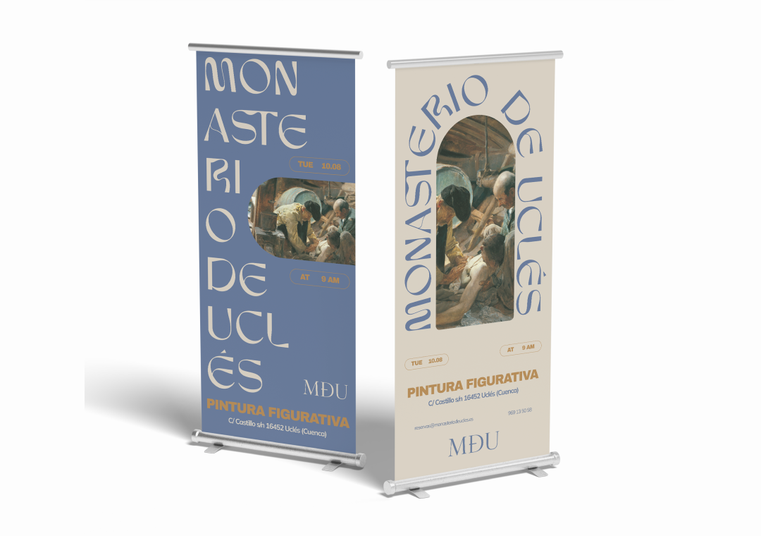 Dos banners promocionales para clases de pintura figurativa. Uno azul y otro beige, ambos con la misma imagen de personas en una sesión de pintura, y detalles del evento como fecha, hora y dirección.