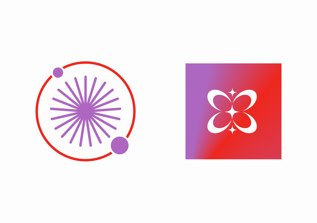 Ilustraciones digitales de un átomo con órbitas y electrones en color lila, y un diseño de mariposa con pétalos de corazón en color blanco sobre un fondo de degradado púrpura y rojo.