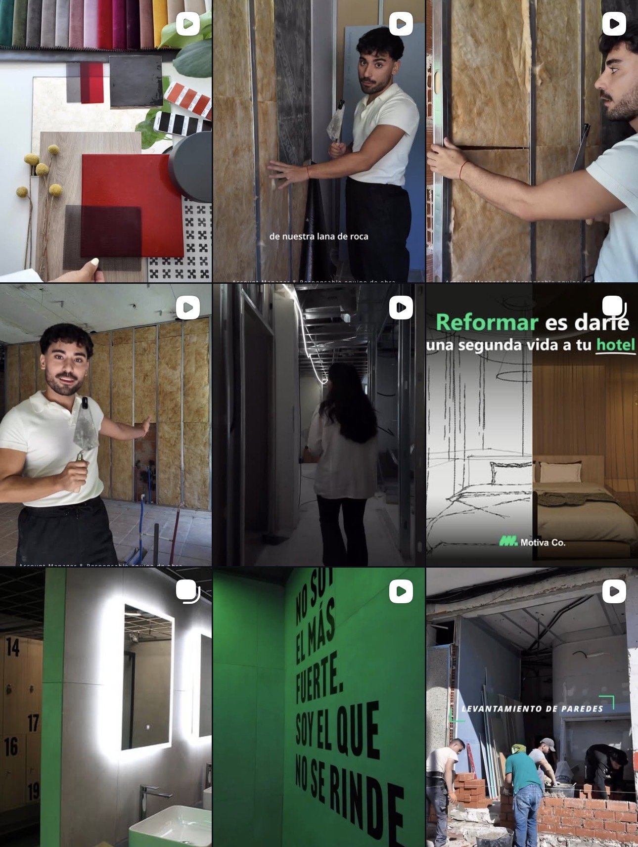 Imágenes de remodelación y construcción de interiores, con personas inspeccionando y trabajando en diferentes etapas de renovación en un hotel o establecimiento.