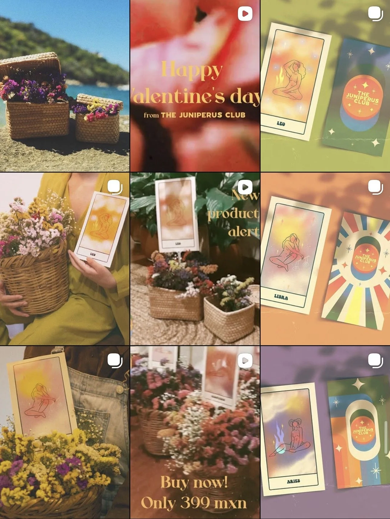 Collage de varias imágenes que muestran flores en cestas, tarjetas de cartón con ilustraciones de mujeres en diferentes posturas y signos zodiacales, además de mensajes promocionales en inglés en un fondo colorido.
