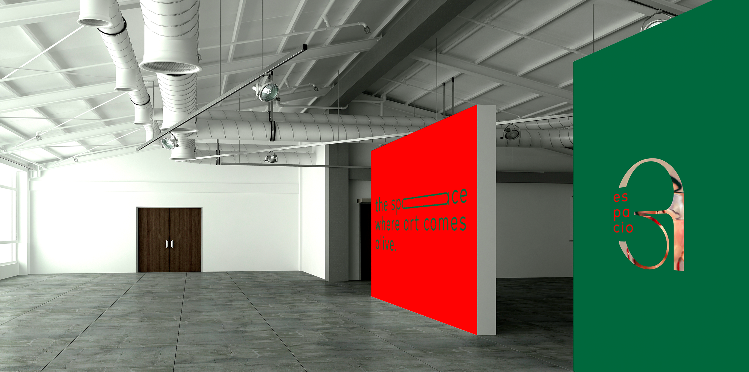 Vista de una galería de arte con paredes blancas, piso de baldosas grises y techos altos con ventilaciones y luces suspendidas. En el centro hay una pared roja con texto que dice 'the space where art comes alive'. A la derecha, una estructura verde c
