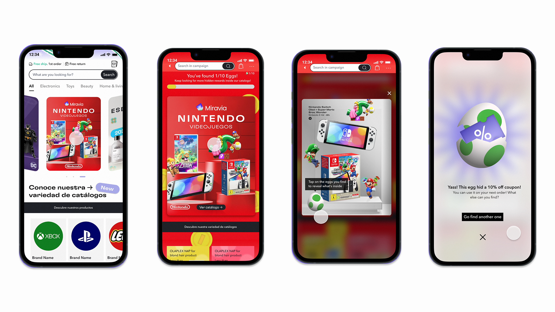 Cuatro pantallas de teléfono que muestran la búsqueda y descubrimiento de productos de videojuegos, con personajes de Mario y un huevo de Pascua con descuento.