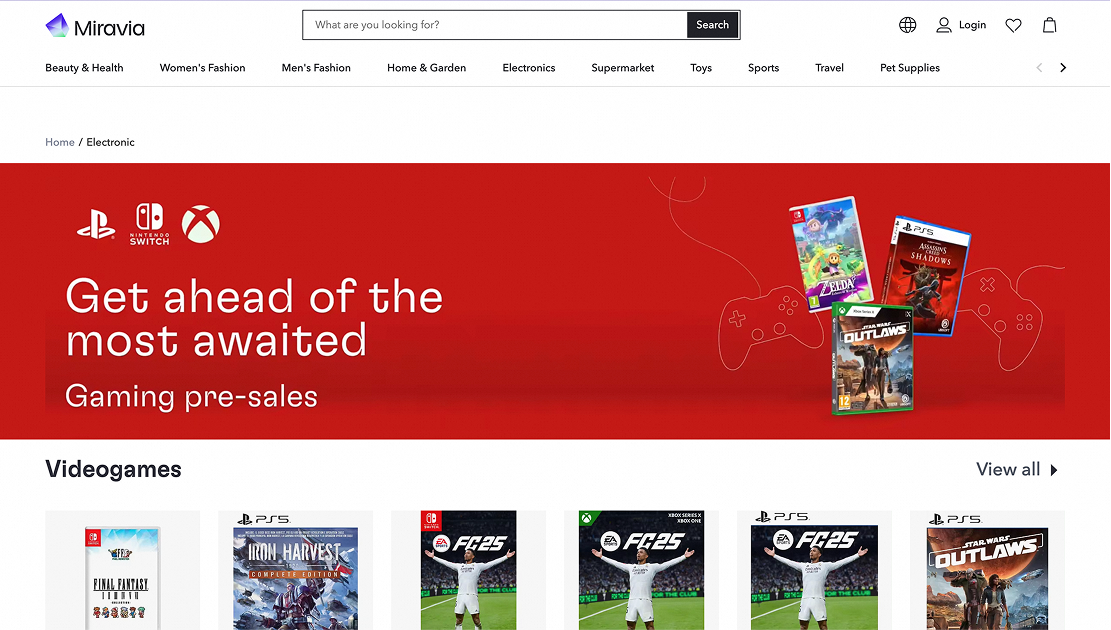 Página web de Miravia mostrando una promoción de juegos de video y consolas, con un banner en color rojo que dice 'Get ahead of the most awaited' y 'Gaming pre-sales', con imágenes de juegos y consolas como Nintendo Switch, PlayStation 5 y Xbox Serie