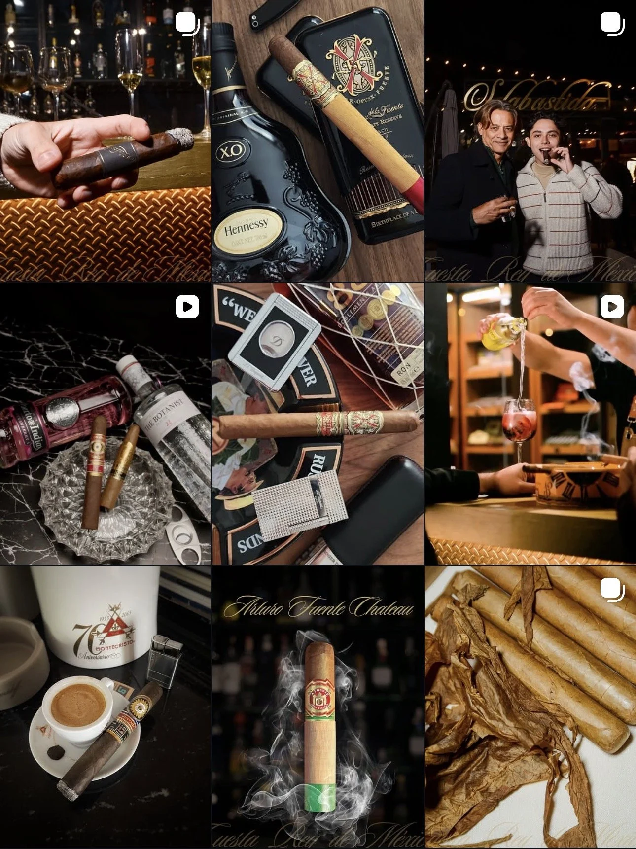 Colección de cigarros, whisky y bebidas en un bar, con personas disfrutando y un ambiente de fiesta.
