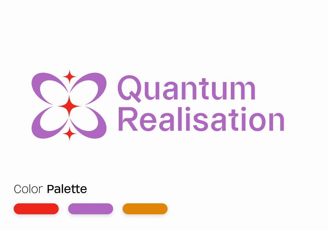 Logotipo con una figura en forma de mariposa y estrellas rojas, acompañado del texto 'Quantum Realisation' en letras moradas. Pegado en la esquina inferior izquierda una paleta de colores con rojo, lila y marrón.