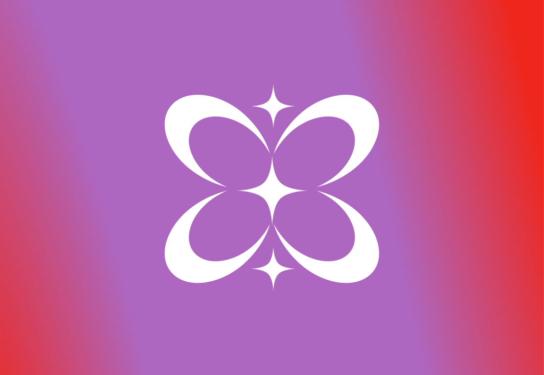 Logotipo de una mariposa blanca con estrellas en un fondo degrade rosa, morado y rojo.
