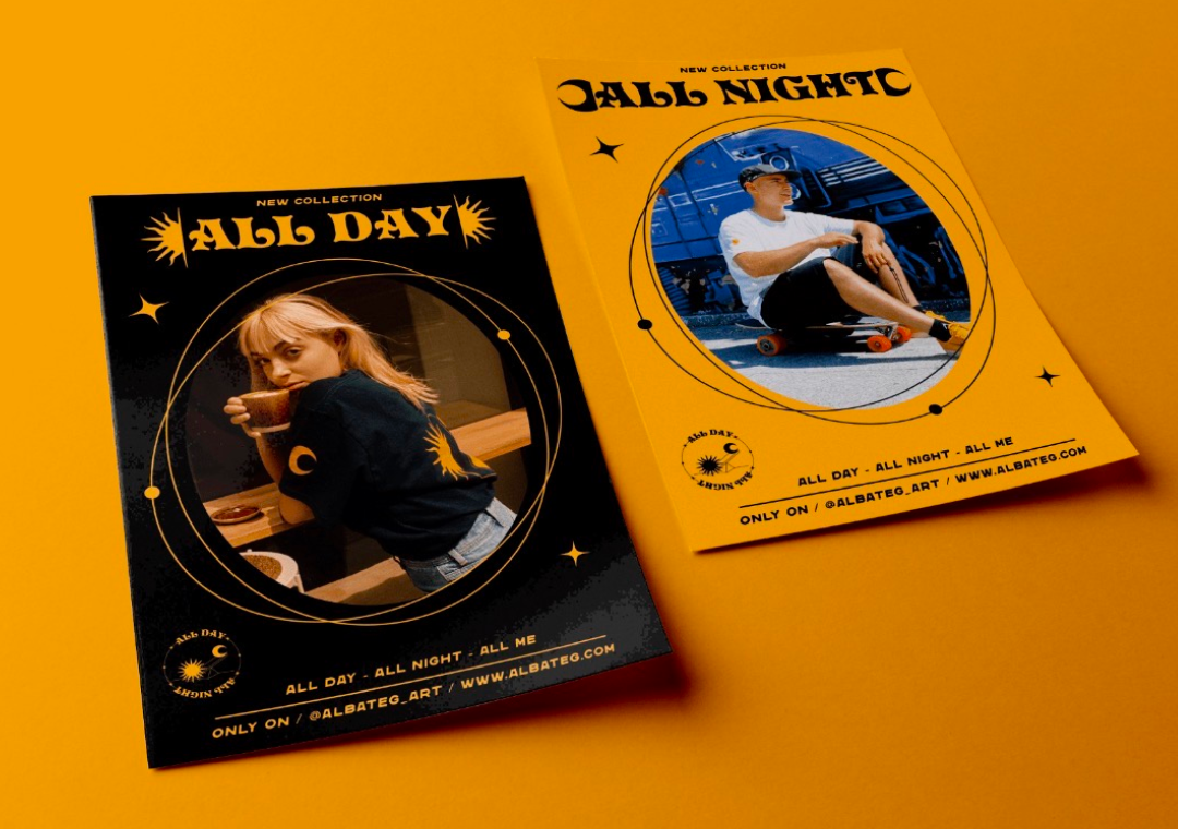 Carteles promocionales de una colección llamada 'All Day' y 'All Night', con fotos de jóvenes, uno tomando café y otro en un patineta, sobre un fondo naranja.