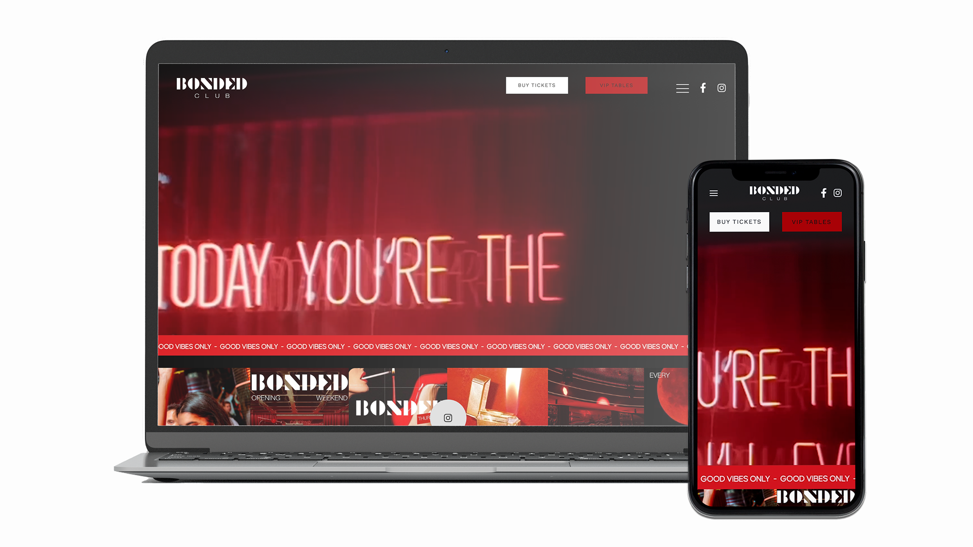 Pantalla de un sitio web y teléfono móvil mostrando un diseño de página para un club llamado Bonded con botones para comprar boletos y reservar mesas VIP, fondo con neón y temática de fiesta en tonos rojos y oscuros.